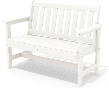 SERWALL Outdoor Bench, HDPE Outdoor Benches Weatherproof, 2-Person Garden Bench with 660 lbs Weight Capacity, Patio Benches for Outdoors, Garden, Porch, Backyard and Park, White
