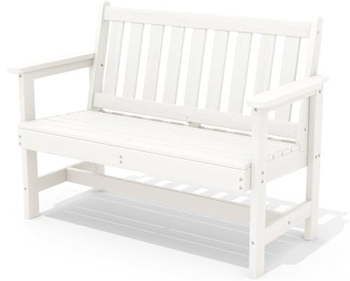 SERWALL Outdoor Bench, HDPE Outdoor Benches Weatherproof, 2-Person Garden Bench with 660 lbs Weight Capacity, Patio Benches for Outdoors, Garden, Porch, Backyard and Park, White