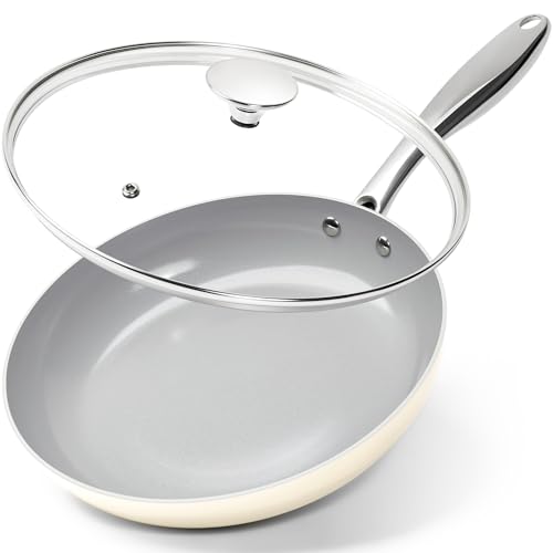 MICHELANGELO Non Stick Frying Pans - 10 Inch Frying Pan Nonstick with Lid, Nonstick Skillet with Lid, Non Toxic Frying Pan, Ceramic-Coated, Beige