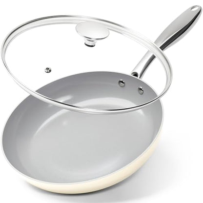 MICHELANGELO Non Stick Frying Pans - 10 Inch Frying Pan Nonstick with Lid, Nonstick Skillet with Lid, Non Toxic Frying Pan, Ceramic-Coated, Beige