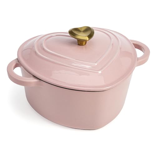 Paris Hilton Enameled Cast Iron Dutch Oven Heart-Shaped Pot with Lid, Dual Handles, Works on All Stovetops, Oven Safe to 500°F, 4-Quart, Pink
