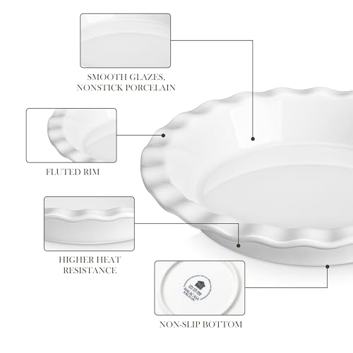 MALACASA Ceramic Pie Pan Set of 2, 9 inch, 40 oz Round Pie Dishes with Fluted Edges, Non Stick, For Quiche, Apple Pies, Pot Pies & More