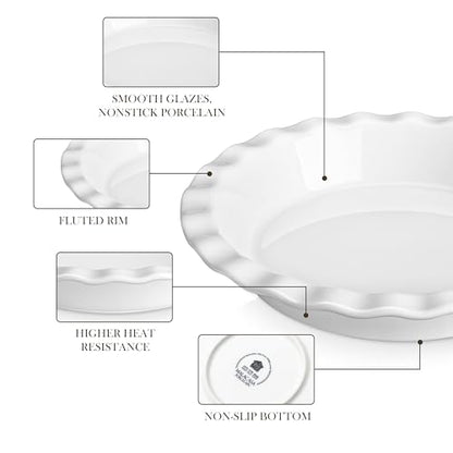 MALACASA Ceramic Pie Pan Set of 2, 9 inch, 40 oz Round Pie Dishes with Fluted Edges, Non Stick, For Quiche, Apple Pies, Pot Pies & More