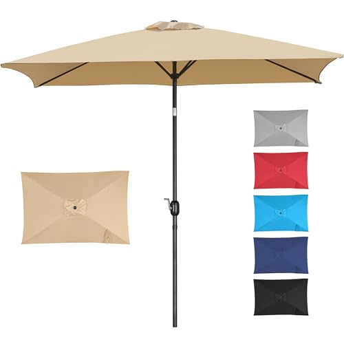 Yaheetech 6.5x10FT Rectangular Outdoor Patio Umbrella Large Market Umbrella w/Push Button Tilt & Crank Lift System & 6 Sturdy Ribs for Garden/Lawn/Beach/Pool/Deck/Backyard - Tan