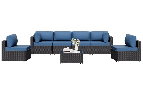 7 Pieces Outdoor Patio Sectional Sofa Couch, Wicker Furniture Patio Conversation Sets with Washable Cushions & Coffee Table for Garden, Poolside, Backyard