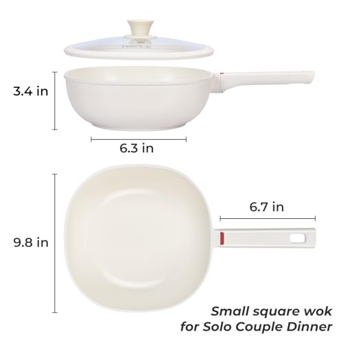 HANLE 9.8 Inch(3.2 QT) Nonstick Ceramic Saute Pan with Lid, Cast Aluminum Deep Frying Pans, Flat Bottom Induction Pan, Ceramic Non Toxic Cookware, PFOA PFAS & PTFE Free(White)