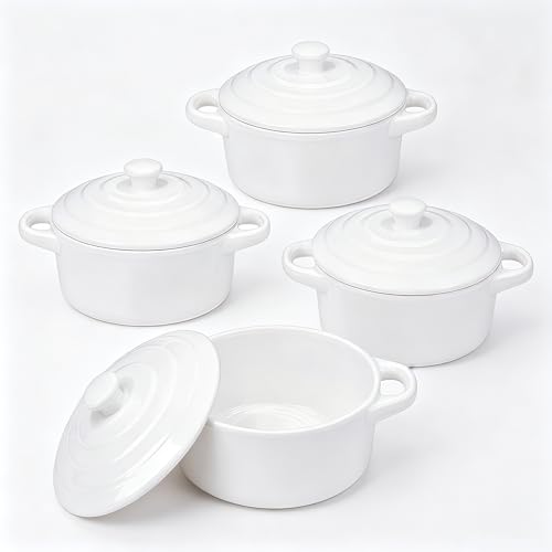 Mini Cocotte Set of 4, 15 oz Ceramic Mini Dutch Ovens with Lids and Handles, Small Casserole Dishes for Baking, Soufflé and Baked Desserts, Oven Microwave Dishwasher Safe