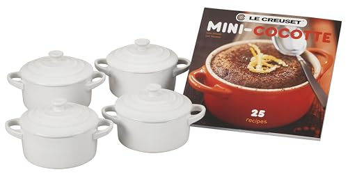 Le Creuset Stoneware Set of 4 Mini Cocottes with Cookbook, 8 oz. each, White