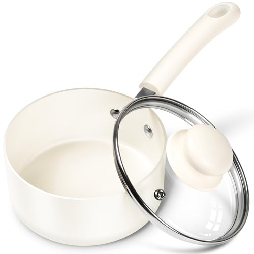 MICHELANGELO Nonstick Saucepan with Lid, Ceramic Sauce Pan Sets, Easy to Clean Sauce Pans, Multi-Purpose Cooking Pots, 1QT, White