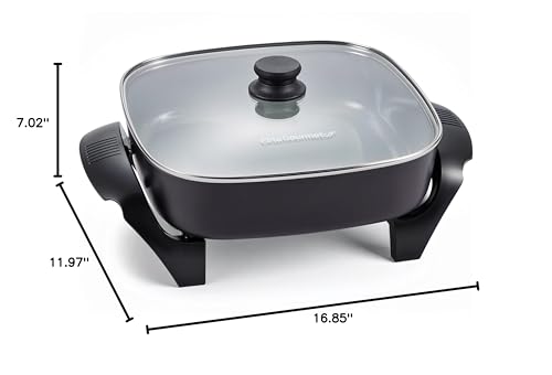 Elite Gourmet PFAS-Free Ceramic Electric Skillet, Extra Deep 12"x12"x3", Less Splatter, Dishwasher Safe, Rapid Heat, EG2313, 1200W, Black