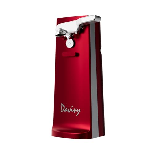 Davivy Electric Can Opener - One-Touch Hands-Free Operation, Removable Stainless Steel Cutter, 3-in-1 Design with Knife Sharpener & Bottle Opener (Red)