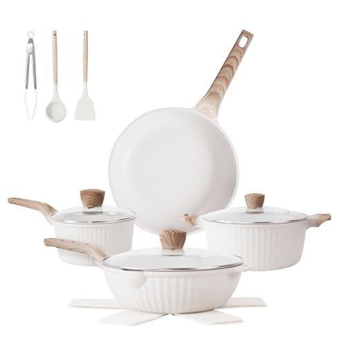 Cuisinluv 13-Piece Nonstick Pots and Pans Set – Granite Stone Kitchen Cookware Set, PFOA-Free – Includes Frying Pans, Saucepans, Sauté Pan – Induction Compatible, White