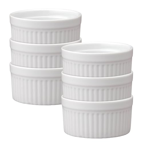 HIC Kitchen Souffle Ramekin, Fine Porcelain, For Baking Custards, Souffles, Side Dishes, And Desserts, 6-Ounce Capacity, Set of 6