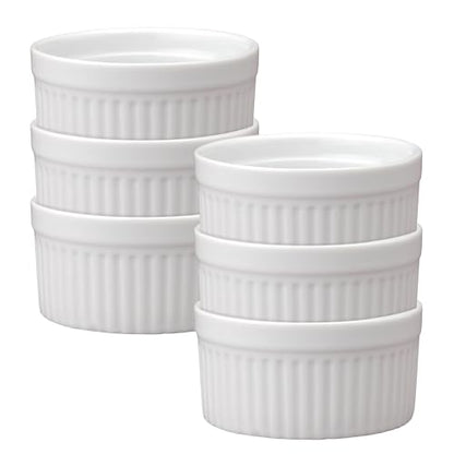 HIC Kitchen Souffle Ramekin, Fine Porcelain, For Baking Custards, Souffles, Side Dishes, And Desserts, 6-Ounce Capacity, Set of 6