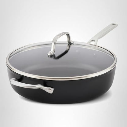 KitchenAid Hard Anodized Induction Nonstick Cookware Saute Pan/Jumbo Cooker with Lid and Helper Handle, Dishwasher Safe, 5 Quart Non Stick Sauteuse with Stainless Steel Handles - Matte Black