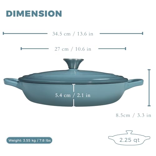 Flavehc Braiser Enameled Cast Iron Braiser 2.25 qt Braiser Pan with Lid Slateblue Shallow Cast Iron Casserole Braiser Pan with Handels