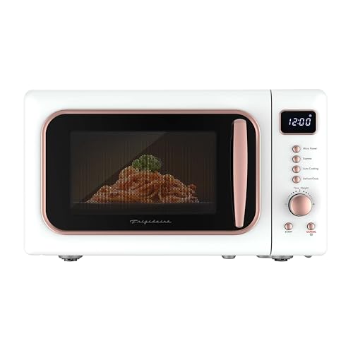 Frigidaire, 0.7 Cu. Ft. Retro Countertop Microwave Oven, 700W Compact Microwave with 8 Auto Cook Menus, Auto Defrost, 5 Power Levels, LED Display, Glass Turntable, White-RoseGold