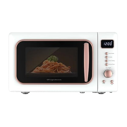 Frigidaire, 0.7 Cu. Ft. Retro Countertop Microwave Oven, 700W Compact Microwave with 8 Auto Cook Menus, Auto Defrost, 5 Power Levels, LED Display, Glass Turntable, White-RoseGold