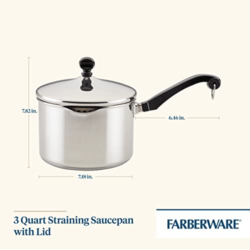 Farberware Classic Series Stainless Steel Straining Sauce Pan with Lid, 3-Quart Sauce Pan With Pour Spout