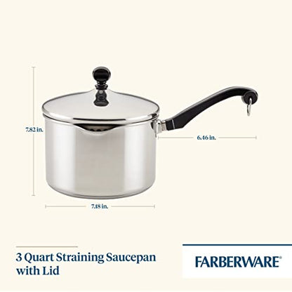 Farberware Classic Series Stainless Steel Straining Sauce Pan with Lid, 3-Quart Sauce Pan With Pour Spout