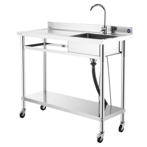 VEVOR Stainless Steel Utility Sink, Rolling Single Bowl Commercial Kitchen Sink with Wheels,Faucet and Hot & Cold Water Pipe,Utility Basin Workbench for Garage Restaurant Laundry 47.2 x 19.7 x 41.5 in