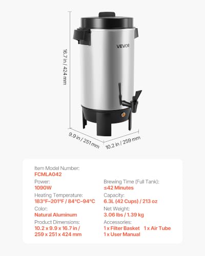 VEVOR Commercial Coffee Urn, 40 Cups, 6.3 qt 1090W Hot Beverage Dispenser