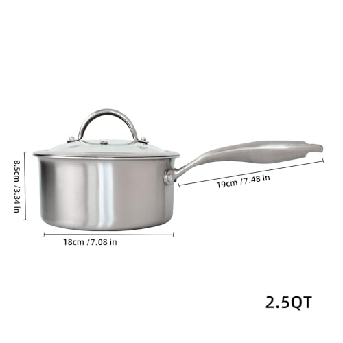 Stainless Steel Small Brushed Saucepan With Lid, Induction Cooking Sauce Pot Pans, 18/10Tri-Ply Heavy Bottom Saucier Cookware, Dishwasher Safe & Oven Safe (2.5QT)