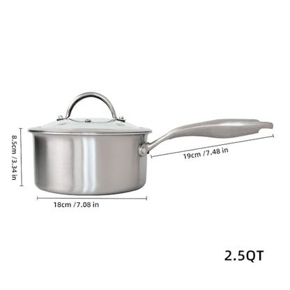 Stainless Steel Small Brushed Saucepan With Lid, Induction Cooking Sauce Pot Pans, 18/10Tri-Ply Heavy Bottom Saucier Cookware, Dishwasher Safe & Oven Safe (2.5QT)