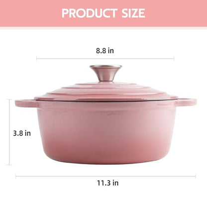 3 Quart Dutch Oven Enameled Cast Iron with Lid - Big Dual Handles - Oven Safe up to 500°F - Classic Round Pot for Versatile Cooking Pink