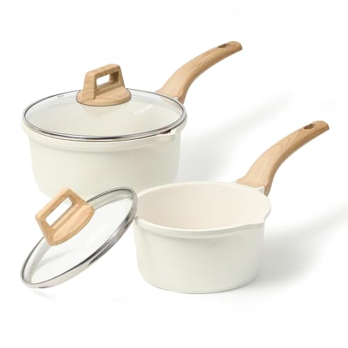 CAROTE 1.5Qt & 3.0Qt Sauce Pan Sets with Lid Cooking Pots Nonstick Saucepans Cookware Set with Pour Spout Small Kitchen Pot, Induction Comptable, Easy to Clean, PFOA FREE (White Granite)