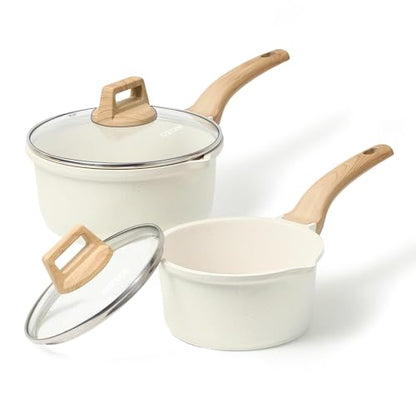 CAROTE 1.5Qt & 3.0Qt Sauce Pan Sets with Lid Cooking Pots Nonstick Saucepans Cookware Set with Pour Spout Small Kitchen Pot, Induction Comptable, Easy to Clean, PFOA FREE (White Granite)