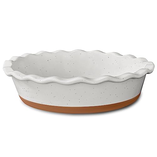 MORA Ceramic Pie Pan for Baking - 9 inch - Deep and Fluted Pie Dish for Old Fashion Apple Pie, Quiche, Pot Pies, Tart, etc - Modern Farmhouse Style Porcelain Ceramic Pie Plate - Vanilla White