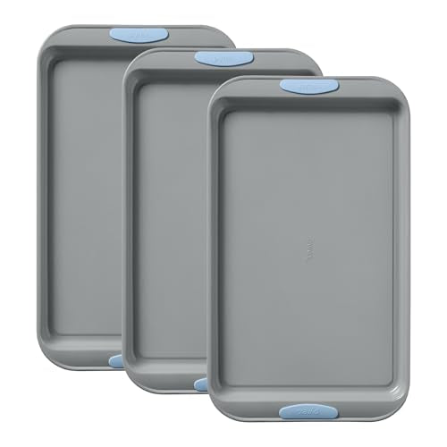 Pyrex 3-Piece Metal Cookie Sheet Bakeware Set, Lightweight Stainless Steel Baking Trays with Heatsafe Silicone Handles, Cookie Sheet Baking Pan, Cerulean