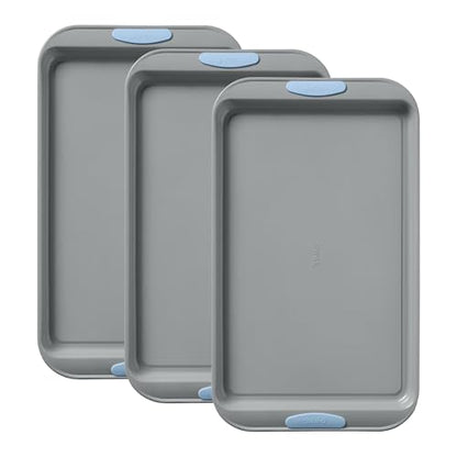 Pyrex 3-Piece Metal Cookie Sheet Bakeware Set, Lightweight Stainless Steel Baking Trays with Heatsafe Silicone Handles, Cookie Sheet Baking Pan, Cerulean