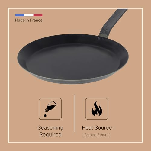 de Buyer Blue Carbon Steel Crepe & Tortilla Pan - 7” Diameter, 5.25” Cooking Surface - Ideal for Making & Reheating Crepes, Tortillas & Pancakes - Naturally Non-Stick Finish - Made in France