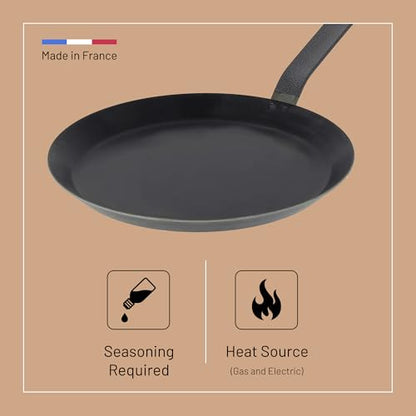 de Buyer Blue Carbon Steel Crepe & Tortilla Pan - 7” Diameter, 5.25” Cooking Surface - Ideal for Making & Reheating Crepes, Tortillas & Pancakes - Naturally Non-Stick Finish - Made in France