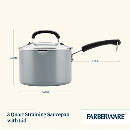 Farberware EcoAdvantage Ceramic Nonstick Straining Saucepan/Sauce Pan with Lid, 3 Quart, Gray