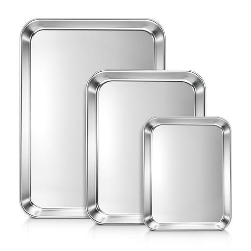 LIANYU 3 Pack Stainless Steel Baking Sheets, Cookie Sheet Pan for Baking & Roasting, 16/12.4/9.2 In, Toaster Oven Pan Cookie Baking Tray, Non Toxic & Heavy Duty & Easy Clean, Dishwasher Safe