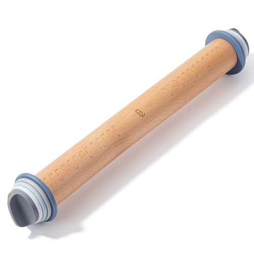 BAMBOO LAND- Adjustable Rolling Pin with Thickness Rings for Baking, 13.8", 4 Pastel Colored Thickness Rings (2-10 mm or 1/16"-3/8"), Wood Rolling Pins for Baking, Bread, Pizza Doughs