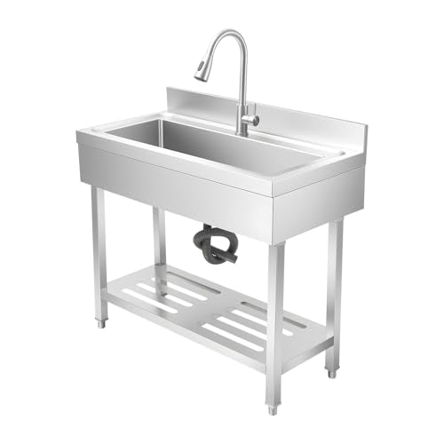 Stainless Steel Utility Sink, Freestanding Single Bowl Utility Sink with Storage Rack, Faucet, Commercial Bowl Kitchen Sinks for Kitchen Laundry Room Farmhouse Indoor and Outdoor, 39" x 20" x 31.5"