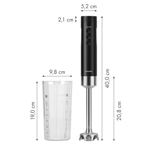 ZWILLING Xtend Immersion Blender and Accessory 2-pc Set – 3-Speed Cordless Hand Blender with Long Stainless Steel Arm and 20oz Beaker – Powerful, Quiet, Energy-Efficient, Battery Not Included