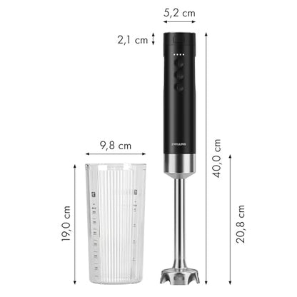ZWILLING Xtend Immersion Blender and Accessory 2-pc Set – 3-Speed Cordless Hand Blender with Long Stainless Steel Arm and 20oz Beaker – Powerful, Quiet, Energy-Efficient, Battery Not Included