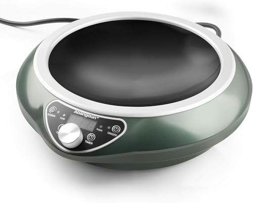 Abangdun 1700W 120V Concave Induction Wok Cooktop, 9.25-Inch Large Coil, Non-Pulse Continuous Heating, 16 Power Levels, ETL Listed Portable Countertop Burner for Round-Bottom Woks