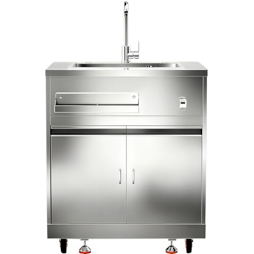 BODEGA Stainless Steel Kitchen Sink with Hose Hook Up, Outdoor Kitchen cabinets with Ample Storage Space, All-Weather Single Bowl Commercial Sink Cabinet Bottle Opener & Spice Rac,Brake Wheels.