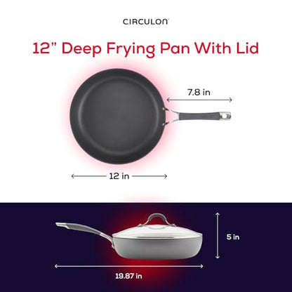 Circulon Radiance Hard Anodized Nonstick Deep Frying Pan with Lid, 12 inch Frying Pan with Lid, Deep Skillet, Gray