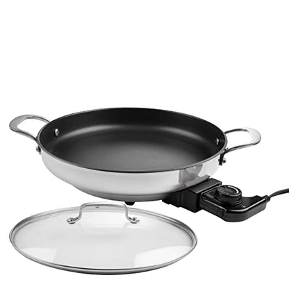 Electric Skillet By CucinaPro- 18/10 Stainless Steel, Frying Pan w Non Stick Interior, Tempered Glass Lid w Handles, 12" Round, Temperature Control Probe for Adjustable Heat Settings, Portable, Gift