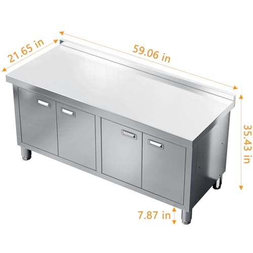 WWK 59" x 21" Stainless Steel Prep Table with Cabinet, Commercial Kitchen Table for Prep & Work, Heavy Duty Work Table with 4 Doors for Kitchen, Restaurant, Hotel, Garage and Cafe