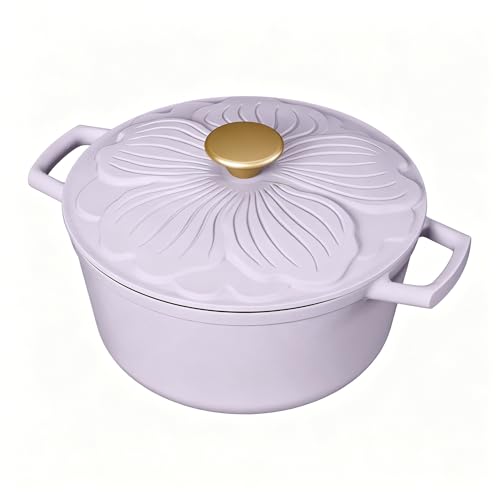 4 Quart Enameled Cast Iron Dutch Oven, Round Pot with Petal Design Lid, Non-Stick Enamel Coated Heavy-Duty Braising Pot for Stovetop, Oven Safe, Ideal for Baking, Stewing, Roasting & Daily Cooking