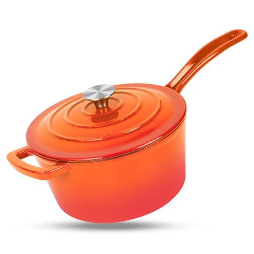 Enameled Cast Iron Sauce Pan, 2 Quarts Round Sauce Pot with Lid, Mini Dutch Oven Enamel Saucepan for Cooking Pasta Sauce, Marinate, Cook, Refrigerate and Serve, Flame Orange