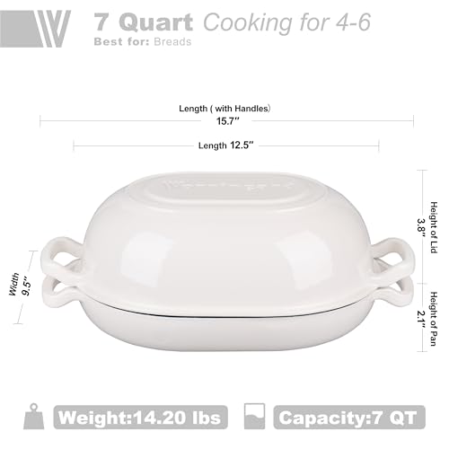 VORRINGARD Enameled Cast Iron Sourdough Bread Oven, Dutch Oven, Loaf Cast Iron Bread Pan for Homemade Bread Baking, Meatloaf Pan with Lid, 7QT, White